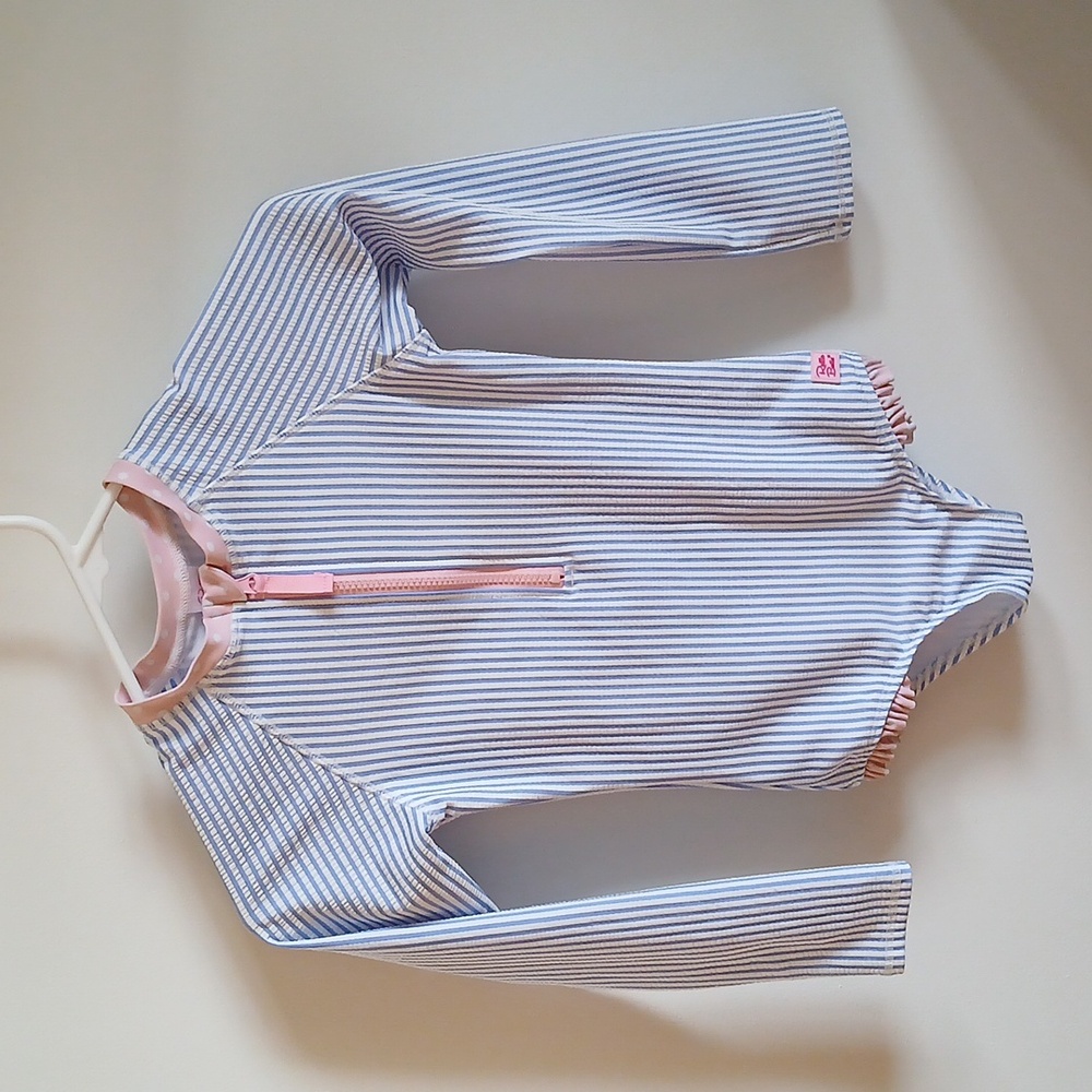 Ruffle Butts girls one piece rashguard; long sleeve blue seersucker size 8